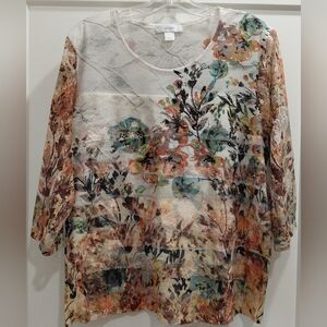 CJ Banks Womens 1X Multi-Fall-colored Floral Lace Sleeved Blouse.